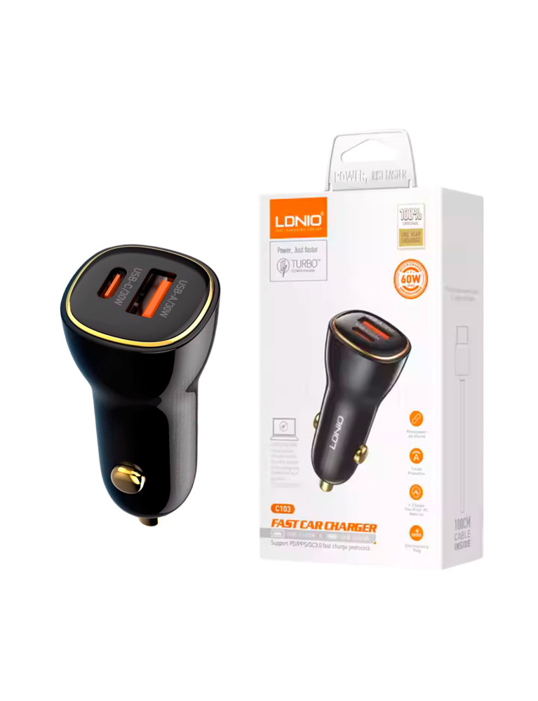 Cargador de Carro Carga Rápida USB A Y Tipo C LDNIO 60W C103