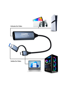 Capturadora De Vídeo Tipo C y USB 3.0 A HDMI Full HD