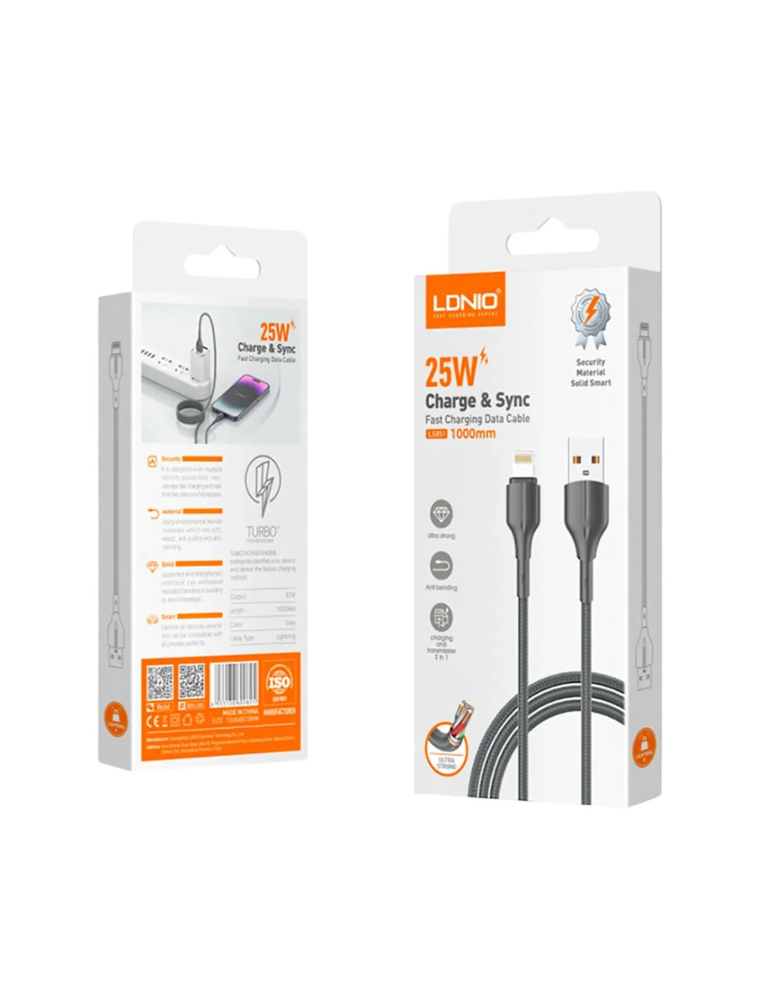 Cable Usb A Lightning Gris 1Mt  25 Watts LDNIO LS851