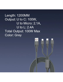 Cable 3 En 1 Gris 100 Watts 1.20 Mts LDNIO LC97U