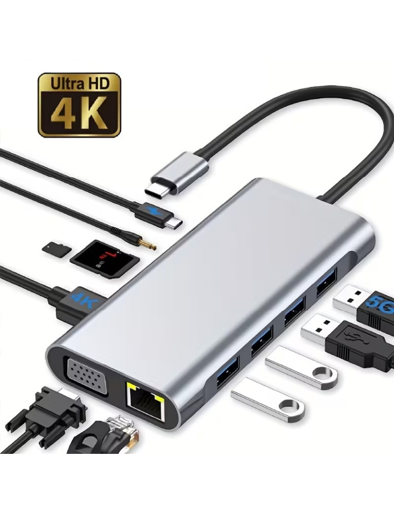 Hub Usb C 11 en 1 Aluminio Hdmi + Vga + Red HUB11.1