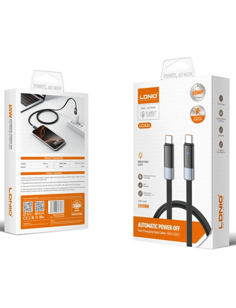 Cable de Datos Usb C A Usb C Negro 2 Mt LC242C   65 W Apagado Automático Negro  LDNIO