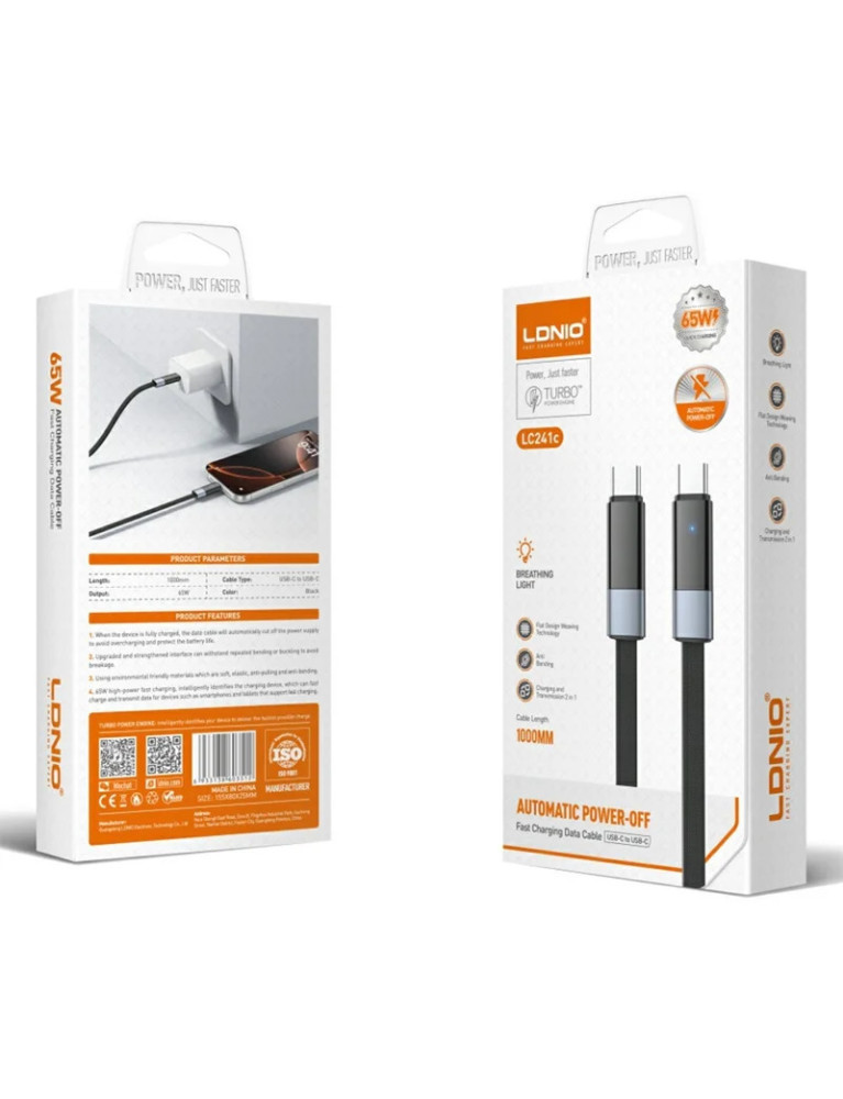 Cable de Datos Usb C A Usb C Negro 1 Mt LC241C   65 W Apagado Automático Negro  LDNIO